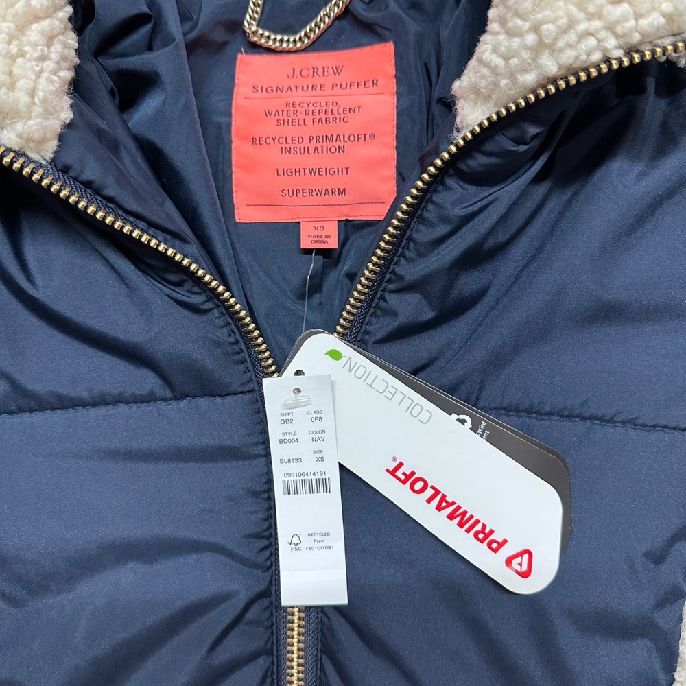 NWT J CREW Snowday Signature Puffer Jacket Womens XS Navy Primaloft Sherpa Trim - Picture 2 of 7